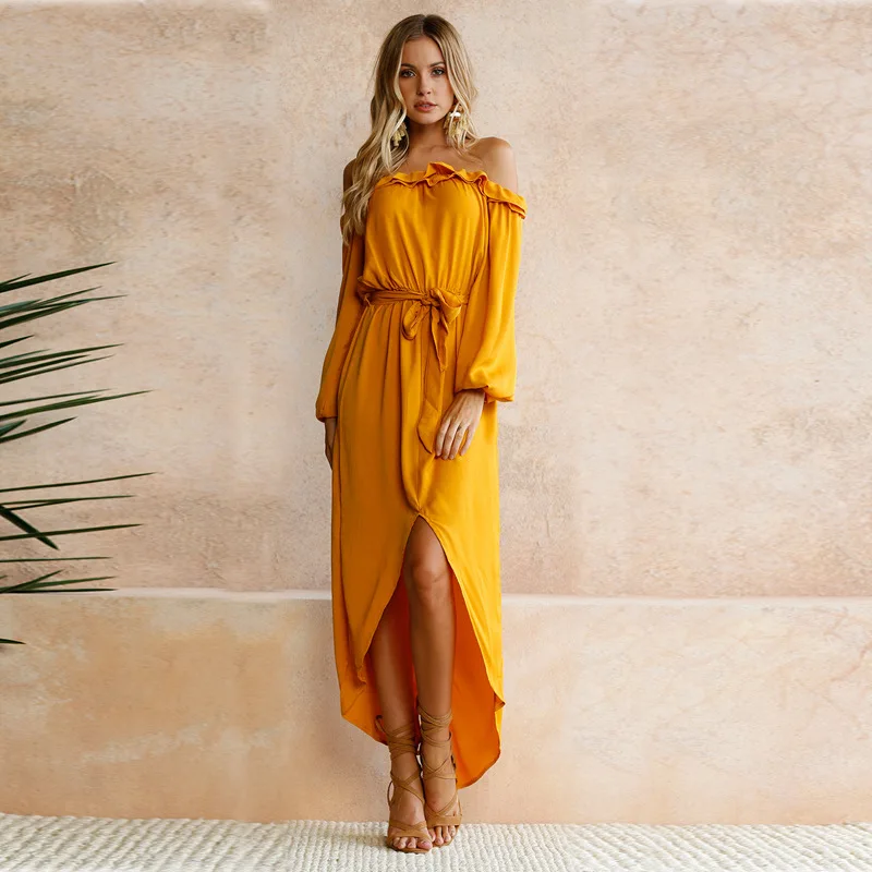 Slash Neck Long Sleeve Maxi Dress Long Pleated Sexy Yellow Boho Dress Girl Casual Beach Party vestidos de festa estampado Dresses