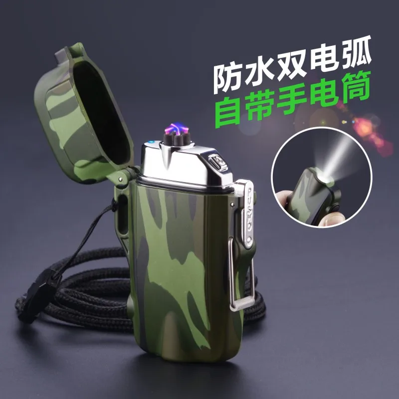 USB Waterproof Electric Plasma Lighter Camouflage With Flashlight Outdoor Double Arc Pulse Lighter Windproof USB Lighter NEW