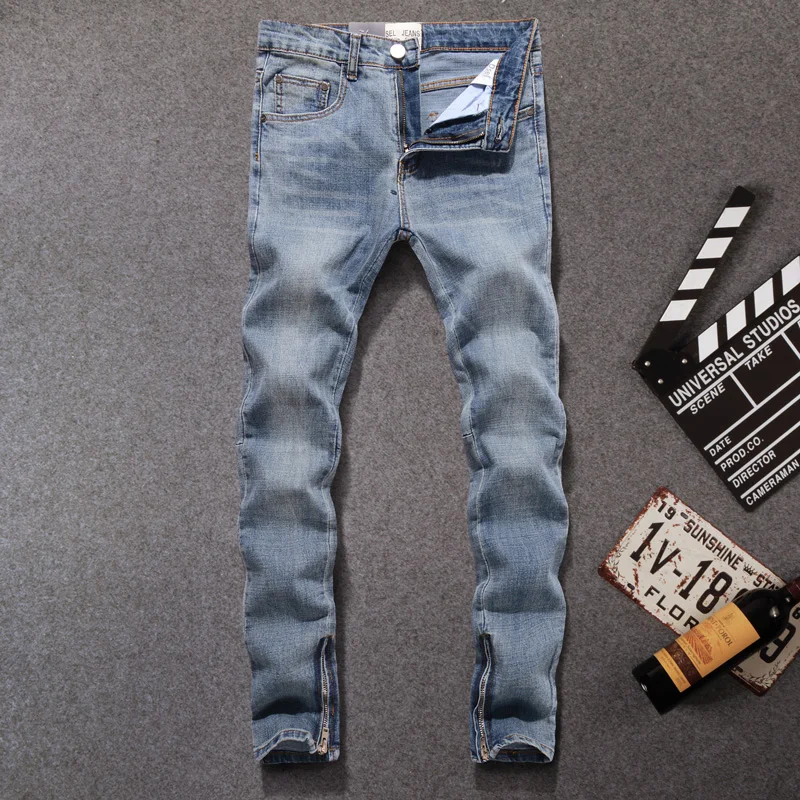 American Streetwear Men Jeans Blue Color Slim Fit Casual Denim Pants Ankle Zipper Elastic Jeans Men Hip Hop Jeans homme 