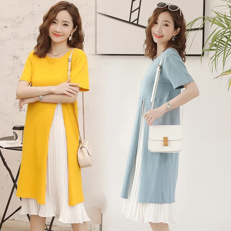 

M-2XL Maternity Summer Dress Short Sleeve Cotton Chiffon Pregnant Dress Blue Yellow Pregnancy Clothes For Pregnant Women