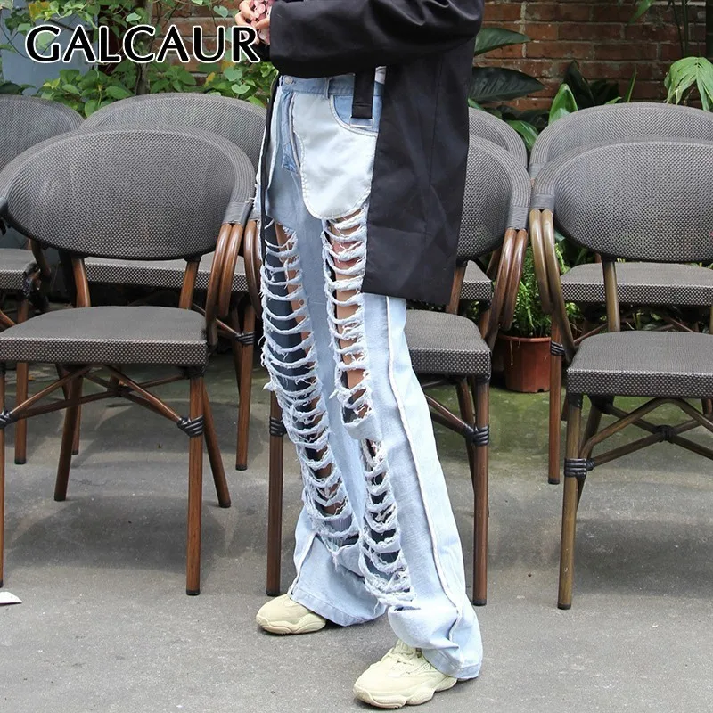 

GALCAUR Summer Hollow Out Denim Pants For Women High Waist Ripped Hole Big Size Trousers Female Fashion Clothes 2019 New Tide