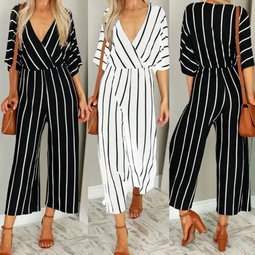 

Women Short Sleeve Striped Loose Jumpsuit Baggy Wide Leg Trousers Overalls Summer 2019 Casual V-neck Long Playsuits Romper