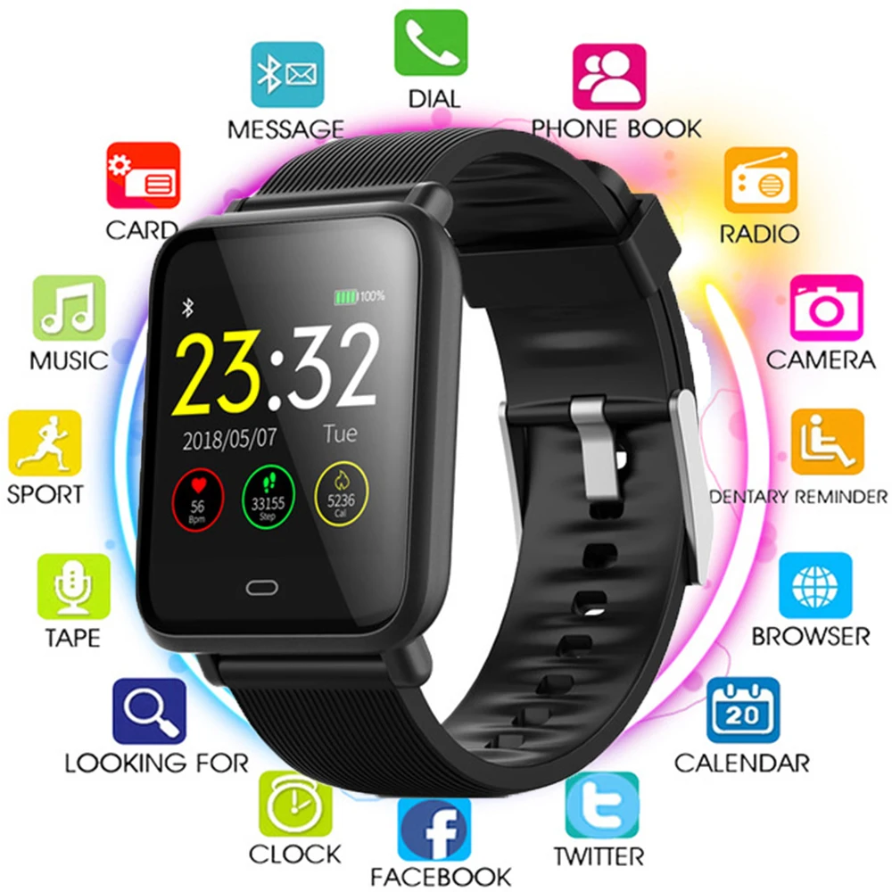 

2019 Q9 Blood Pressure Heart Rate Monitor Smart Watch IP67 Waterproof Sport Fitness Trakcer Watch Men Women Smartwatch