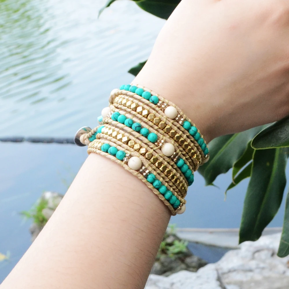 

Bohemia Unique Wrap Bracelet Green Howlites Beads Bracelets Long Friendship Leather Bracelets Dropshipping Bracelet