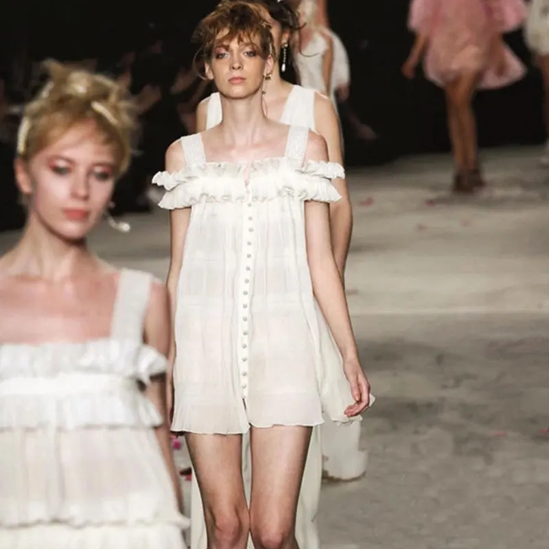 2019 Новое поступление взлетно-посадочной полосы платье Для женщин рюшами одной кнопки модельер сарафан пляжные летние женские