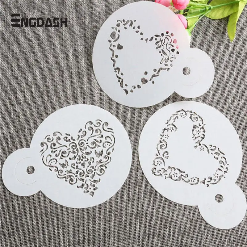 

ENGDASH 3pcs/Set Heart-Shaped Cake Printing Model Bakeware Molds Flower Spray Stencils Icing Template Pad Cake Decorating Tool