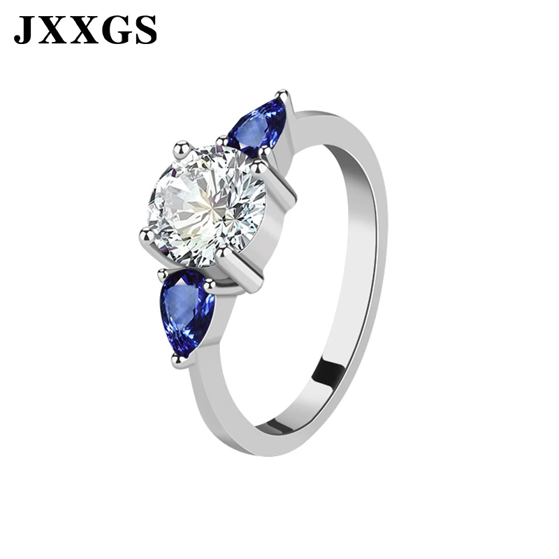 

JXXGS Jewelry Rhodium 925 Sterling Silver Ring Blue Crystal 3A Cubic Zircon Rings Engagement Ring For Women