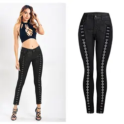 2019 модные женские узкие черные джинсы с заклепками сбоку винтажные обтягивающие джинсы для женщин большие размеры 3XL раздельные узкие