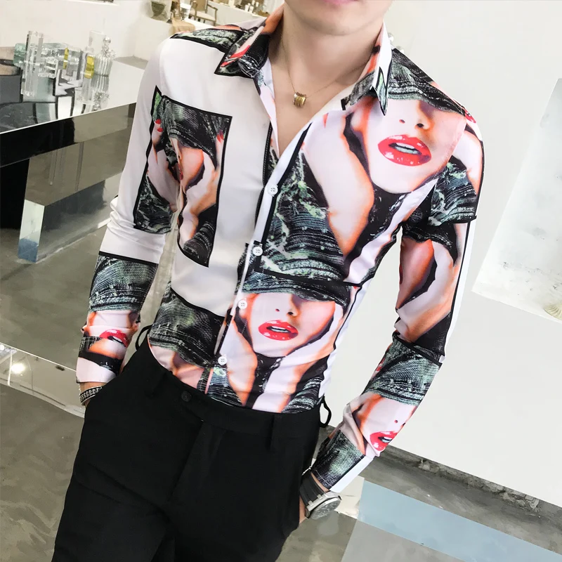

Red Lip Print Shirt Men Men Long Sleeve Camisa Manga Longa Masculina Hot Sexy Party Club Shirt Men 201 8korean Shirts Men Casual