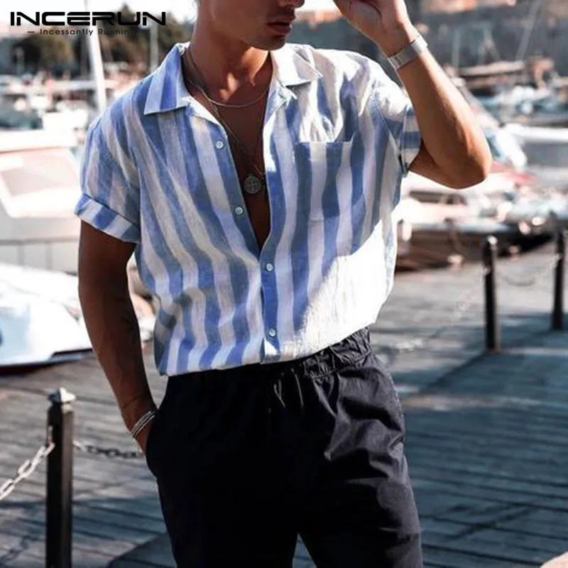 INCERUN/Модная Мужская рубашка в полоску с короткими рукавами и лацканами, дышащие топы, блузка Уличная Повседневная Мужская брендовая