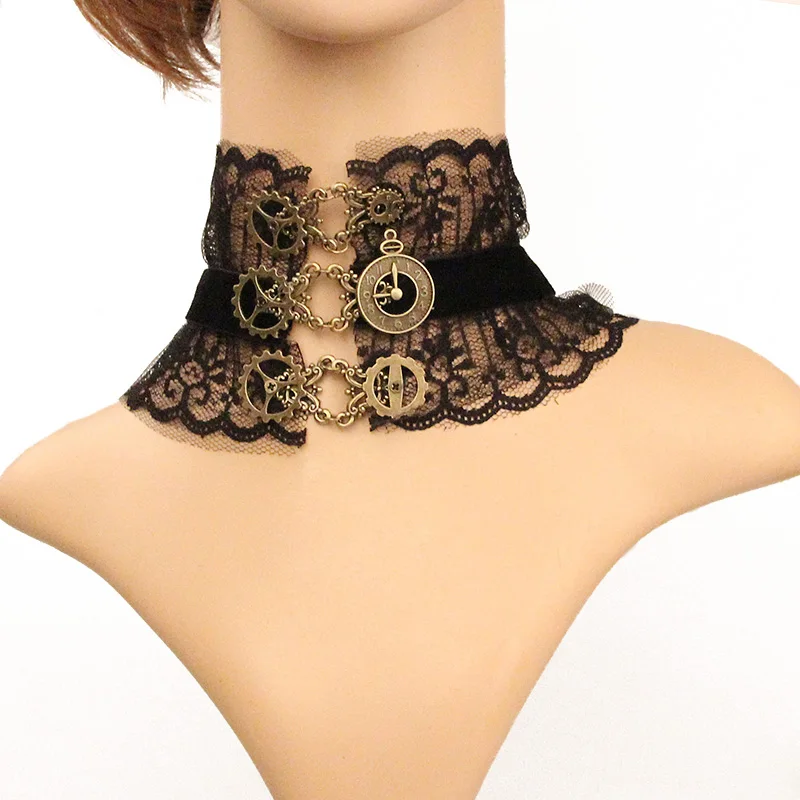 

Steampunk Toothed Wheel Gear Black Lace Chunky Choker Gothic Girl Retro Bronze Collar Statement Short Necklace For Women Jewelry