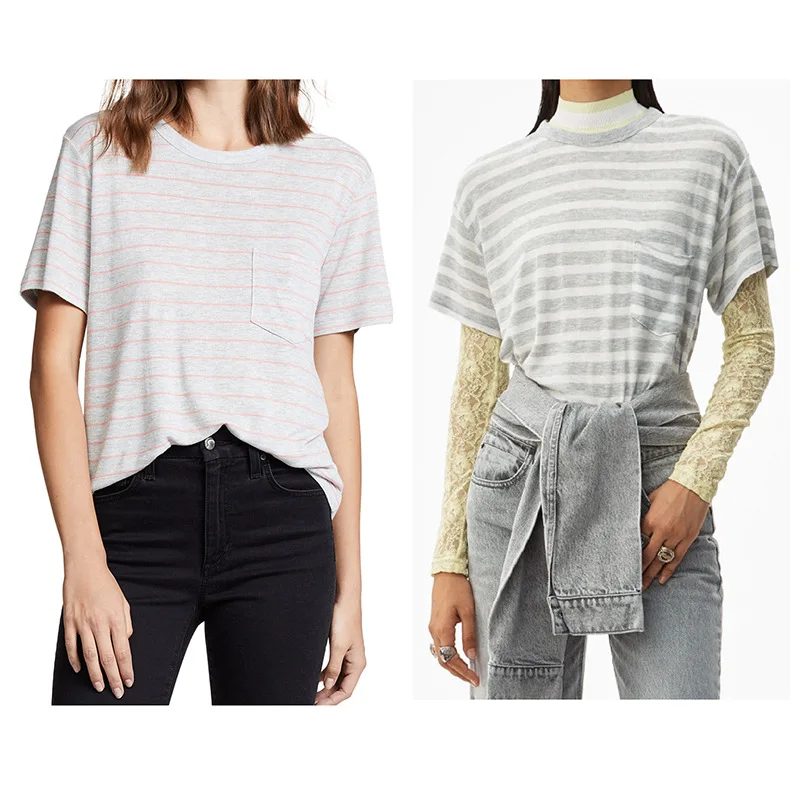 

2019 Summer Heavy-duty Goods Worsted Quality Stripe-dyed Round-collar Pockets Striped Shirt Woman Clothes