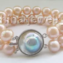 2row " 12 мм натуральный розовый круглый пресной воды жемчужный браслет-925 Mabe claspNoble стиль Природный Изысканные jewe Быстрая