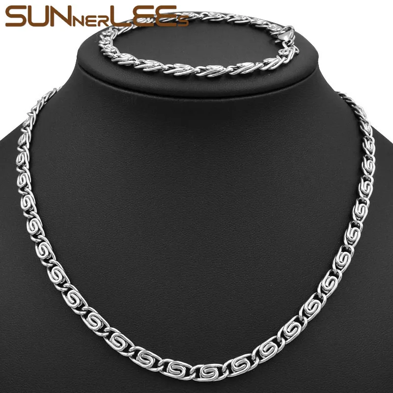 

SUNNERLEES Fashion Jewelry Stainless Steel Necklace Bracelet Set 5mm Snail Style Link Chain For Mens Womens SC03 S