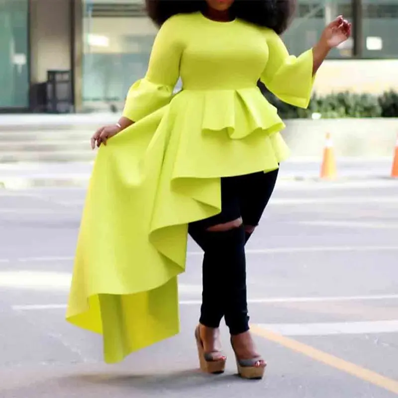 

Summer Casual Plus Size Elegant African Black Girls Women Blouses Slim Plain Falbala Long Tops Female Woman 2019 Chic Shirts