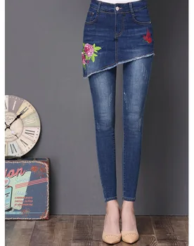 

Hchenli brand 2018 large plus size women black blue jeans pants skirt emboridery flower butterfly jeans trousers skinny bottom