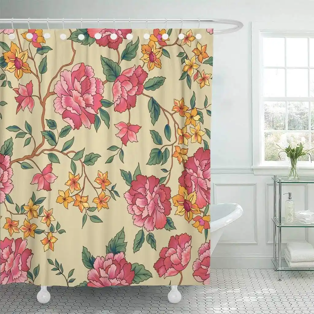 Fabric Shower Curtain Peony Fl Flower Rose Flourish Ornamental Fabric Shower Curtain Peony Fl