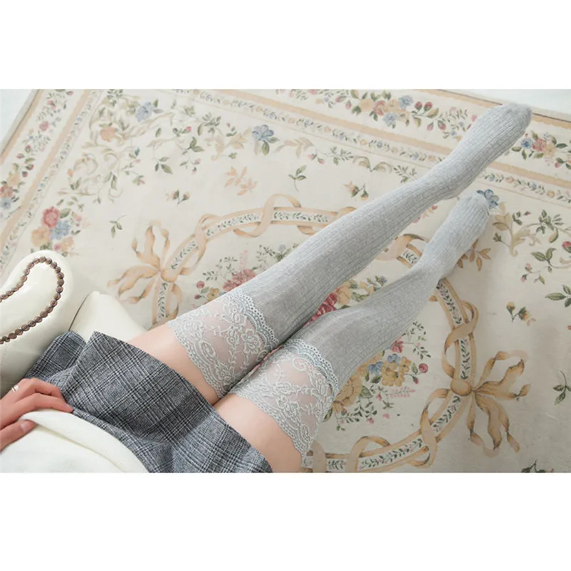 Women socks sexy Lace Trim Thigh High Over Socks Long Cotton Warm Stockings winter long socks high knee medias de mujer N07 (6)