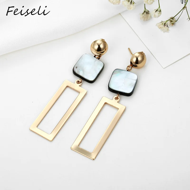 

Feiseli Square Shell Geometric Hollow Rectangular Dangle Earring Female Wedding Banquet Attractive Fashion Earrings Jewelry