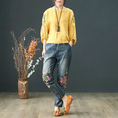 jeans women Denim Jeans Womens National Embroidery Female Worn Out Old Retro Pants Loose Cropped Pants Women High Waisted Jeans zara jeans Jeans