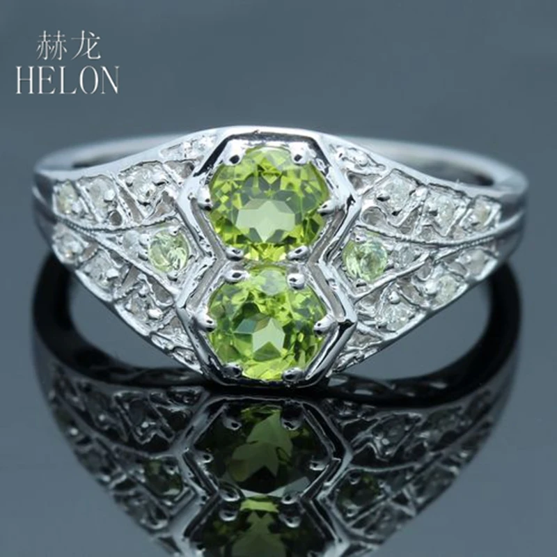 

HELON Sterling Silver 925 Genuine Olive-Green Peridot & Pave AAA Graded Cubic Zirconia (CZ) Engagement Wedding Fine Jewelry Ring