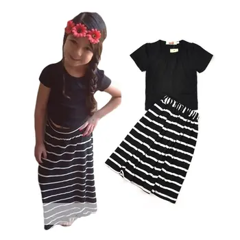 

016 summer new European and American original single black round neck short-sleeved T-shirt black and white striped skirt suit