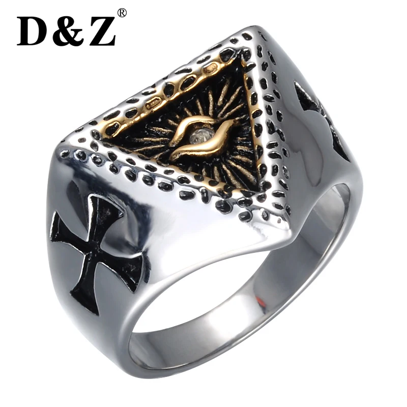 

D&Z Religious Gold Color Prayer Cross Ring 316L Titanium Stainless Steel Illuminati Pyramid Eye Rings For Men Jewelry