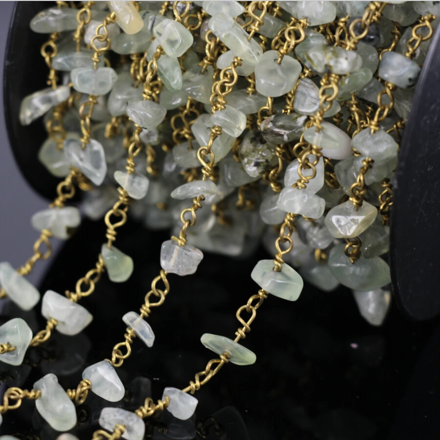 Wholesale 5Meter Prehnite Chip Beads Link Rosary Chains,Gold Plated Brass Wire Wrapped Chain
