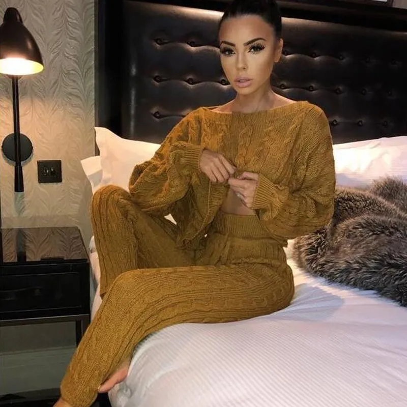 

Women Casual Slim Knitted Pants Suits O-Neck Female Solid Pullover Sweater Suit Sets Fashion Long Trousers Two Piece Sets