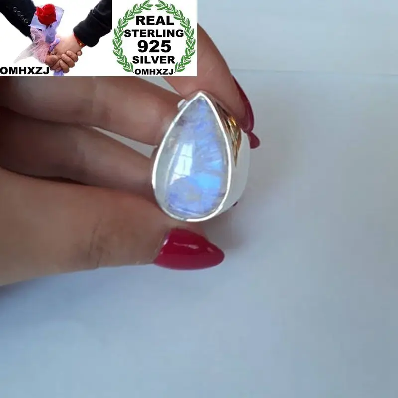 

OMHXZJ Wholesale European Fashion Woman Man Party Wedding Gift Silver White Water Drop Moonstone 925 Sterling Silver Ring RR34