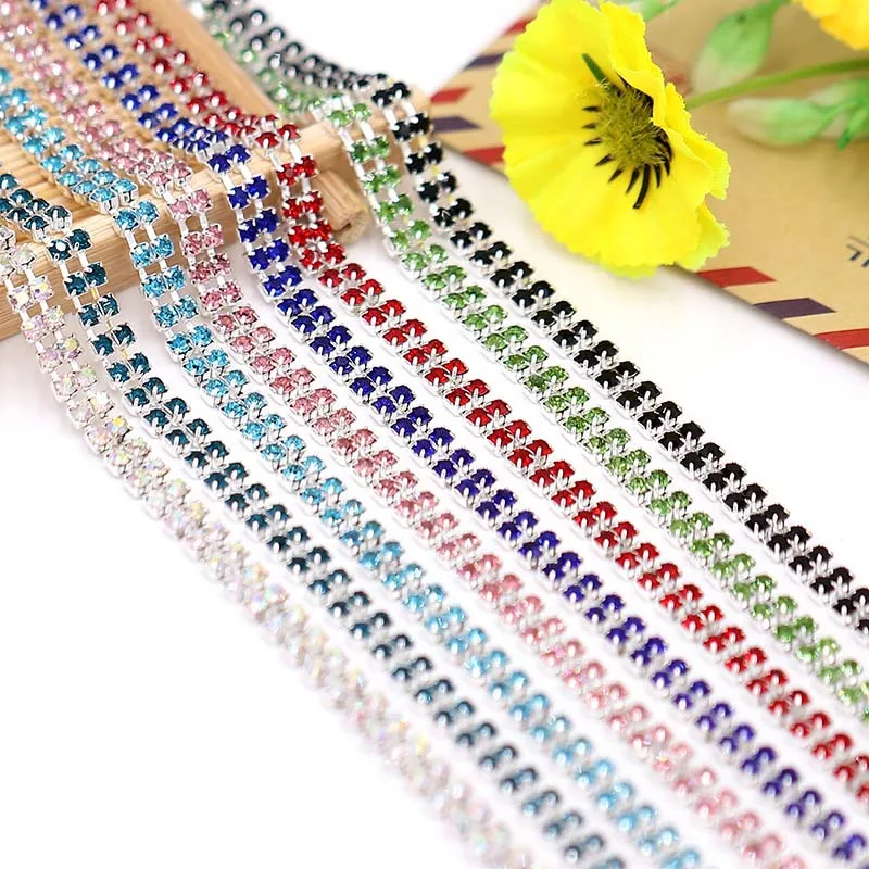 

CJSIR 1 Yard 2Rows Multicolor Rhinestone Cup Chain Silver Base with Claw Cloth Decoration Trim Applique Sew on Garment Bags