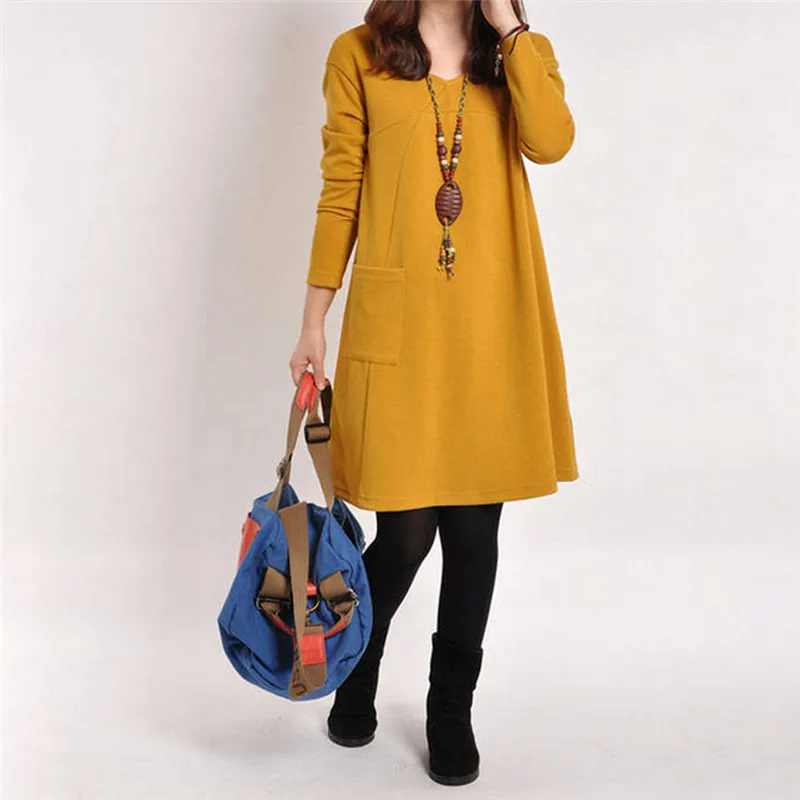 

2019 Women Winter Long Sleeve Pocket Dress Solid O Neck Casual Loose Party Dresses Fashion Vestidos