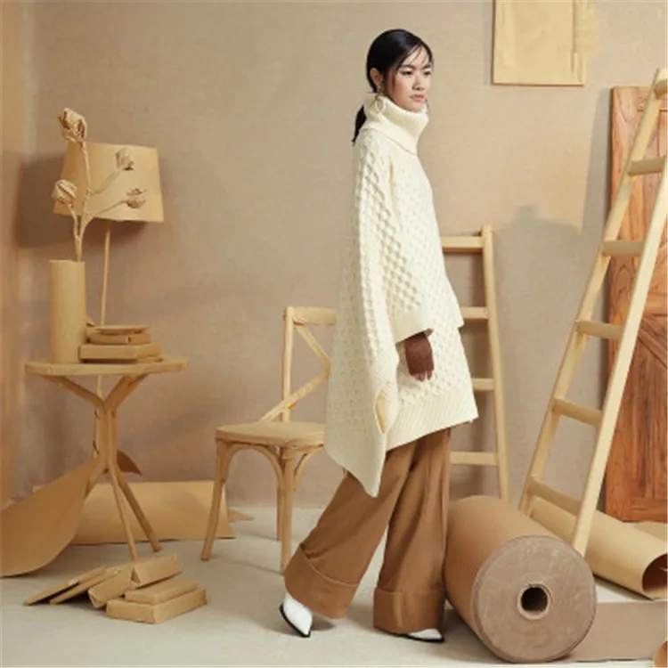  top grade 100%hand made pure wool knit women fashion turtleneck batwing sleeve long cloak sweater s