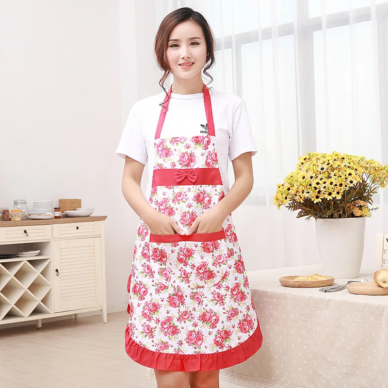 1Pcs Bowknot Flower Pattern Apron Woman Adult Bibs Home Cooking Baking Coffee Shop Cleaning Aprons Kitchen Accessories 46002 - Цвет: Red