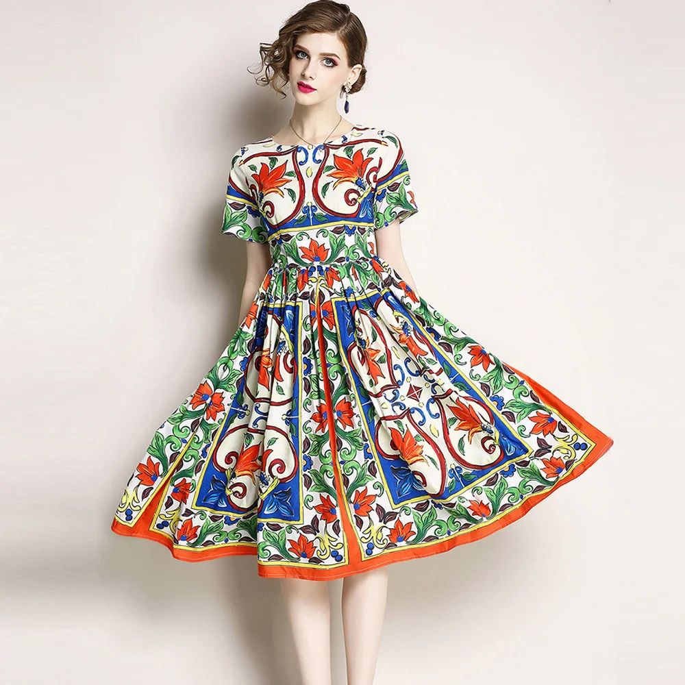 

runway woman print mid a-line dress short sleeve o-neck female summer dress lady knee-length dress