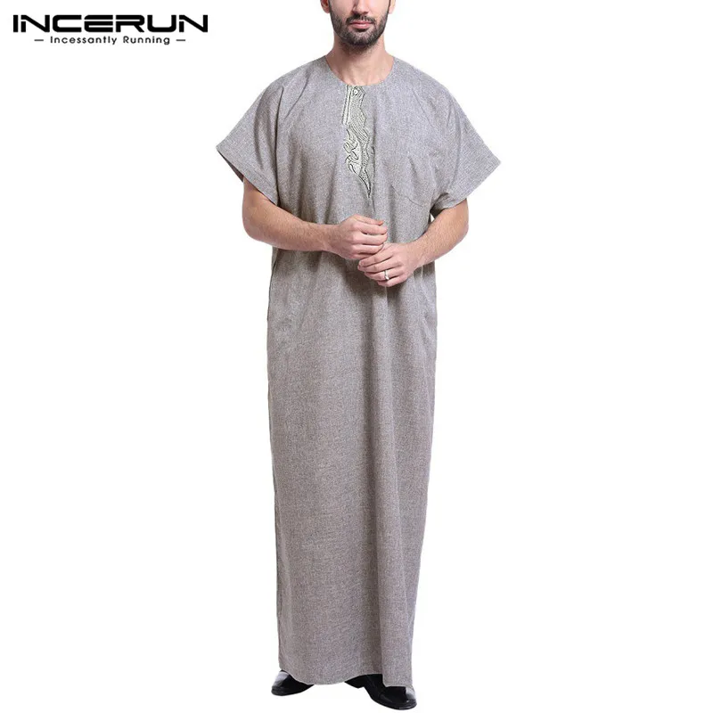 INCERUN, большой 5XL, саудовская Арабская Мужская одежда, короткий рукав, одноцветная, полная длина, домашняя одежда, свободная, винтажная, Исламская, кафтан, ТОБ, Jubba Hombre - Цвет: Grey