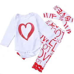 3 шт./компл. для новорожденных девочек детские любовь печати комбинезон с длинными рукавами + штаны + повязка на голову
