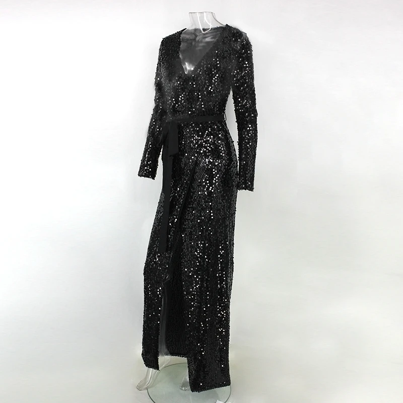 Sequin Party Eveing Dress Women Maxi Long Dress Chiffon Belt Coat Party Glitter Dresses V Neck Dark Buckle