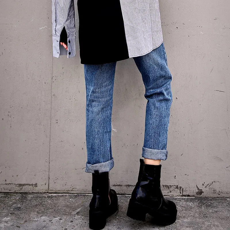 WQJGR 2018 News Fashion Zipper Patch Decoration Trousers Boyfriend Jeans Woman