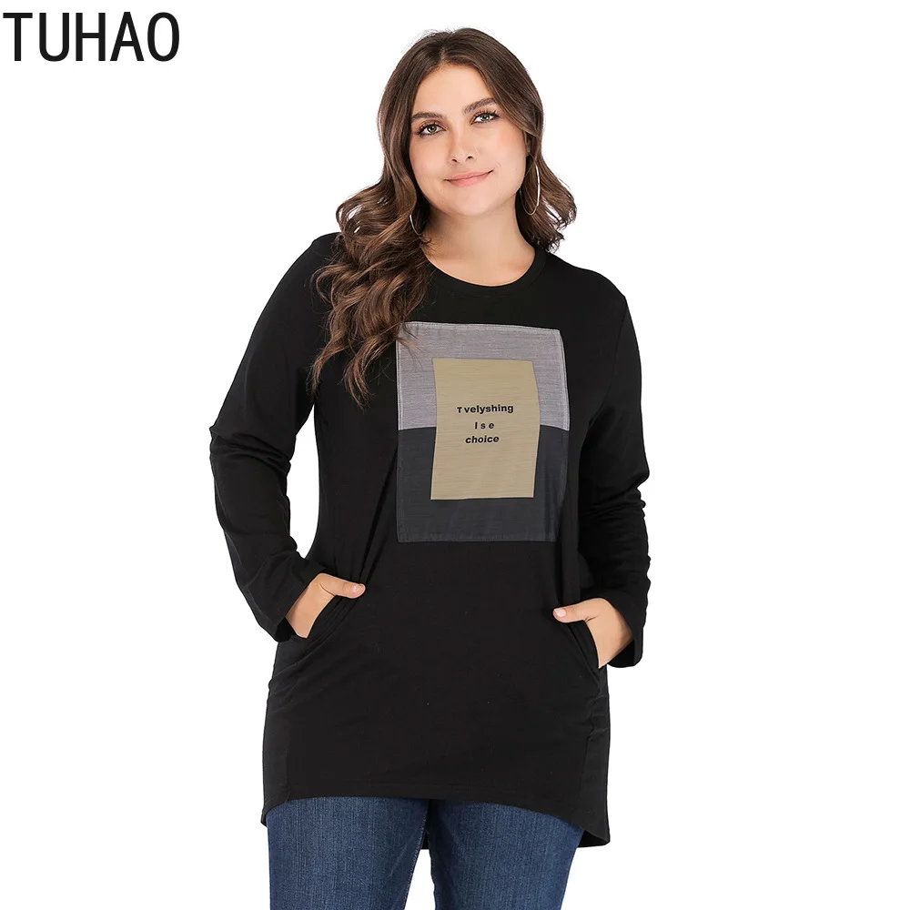 

TUHAO Autumn Winter T Shirts 2019 Women T-Shirt Large Size 5XL 4XL 3XL Leisure Appliques Letter Black Pink Plu Size Shirts LW69