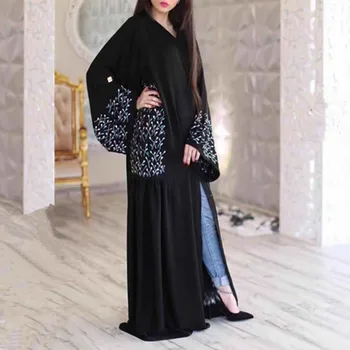 

Elegant Muslim Print Abaya Maxi Dress Cardigan Swing Long Robe Gowns Belt Tunic Middle East Ramadan Dubai Arab Islamic Prayer