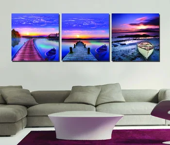 

3 Panels Frameless wall pictures for living room Canvas oil painting prints abstract Landscape Blue Sky Sea Wood Path