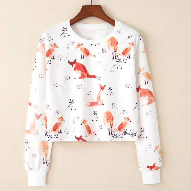 

2018 Harajuku Sweatshirt Woman Girls Crop Top Cartoon Foxes Animal Gift Printing Short Sweatshirt