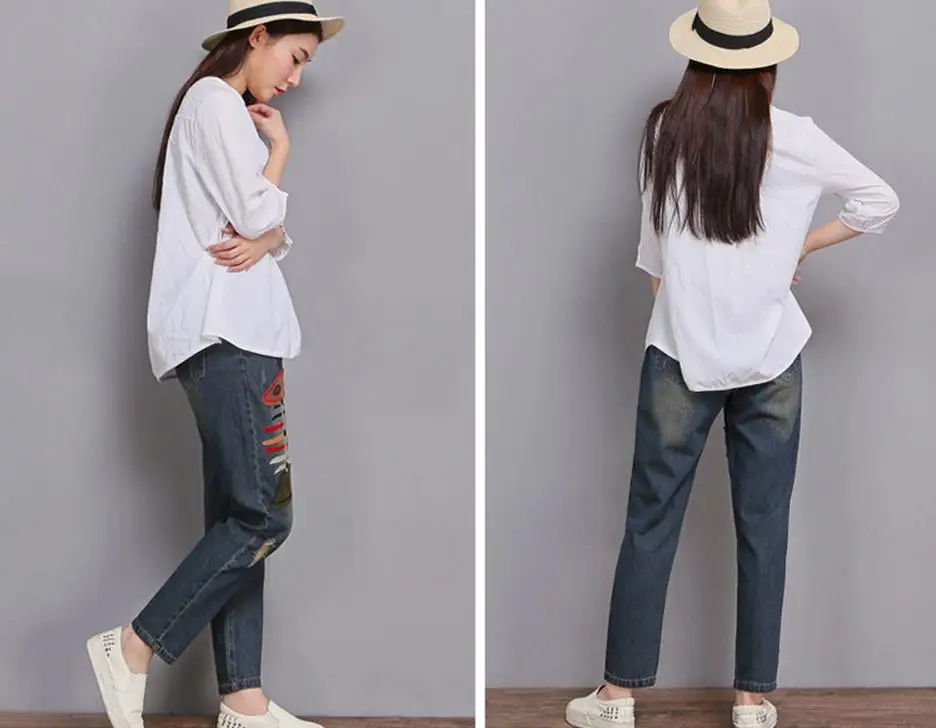 2XL-6XL плюс размер новые модные женские хлопковые джинсы Изношенные винтажные свободные талии Лоскутные широкие брюки wj372