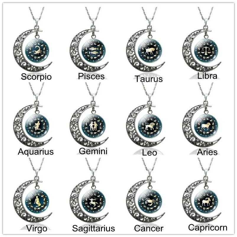 

12 Zodiac Signs Constellations Crescent Moon Pendant Necklace Astrology Jewelry Valentines Day Gift Birthday Gift for Girlfriend