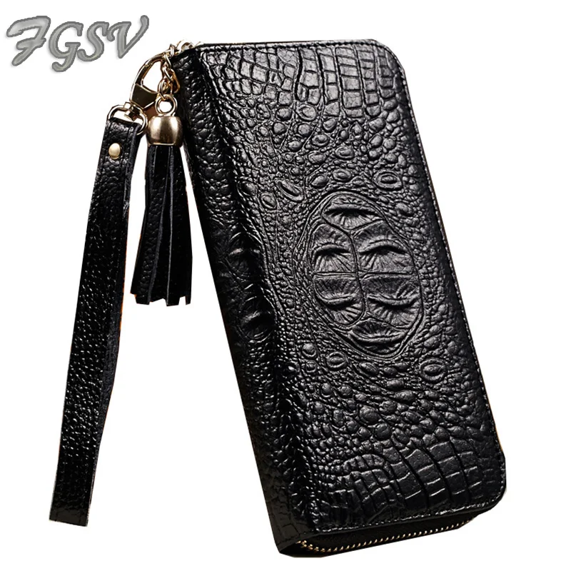

FGSV Hot sale Split leather women long wallets crocodile women zipper purse card holder day clutches card wallet XF058