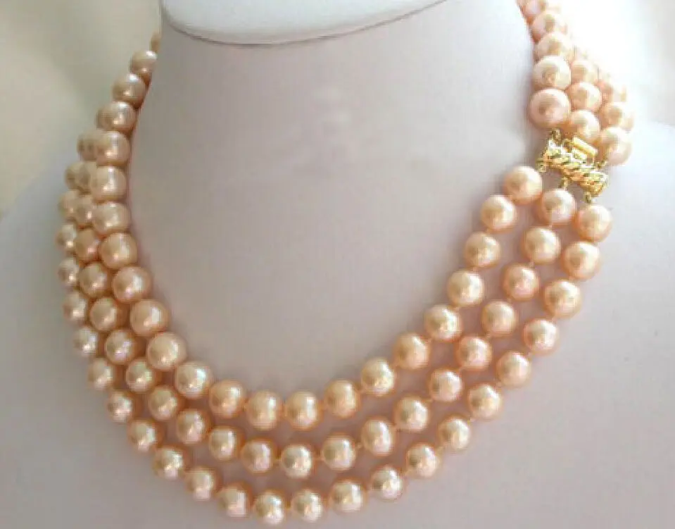 

real wonderful 3 rows 8-9mm south sea pink pearls necklace 17-19 inch ^^^@^Noble style Natural Fine jewe FREE SHIPPING