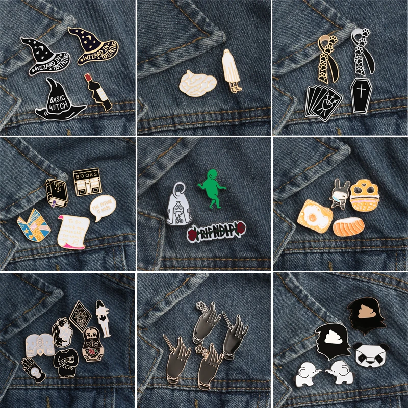 

2~7Pcs/Set Witch's Hat Skull Cross Brain Alien Book Flower Panda Cats Brooch Pins Vintage Brooches For Women Jewelry Enamel Pin