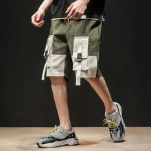 Модные Лоскутные мужские накладные карманы шорты с лентами для тренировок короткие джоггеры повседневные уличные хип-хоп шорты до колена Homme