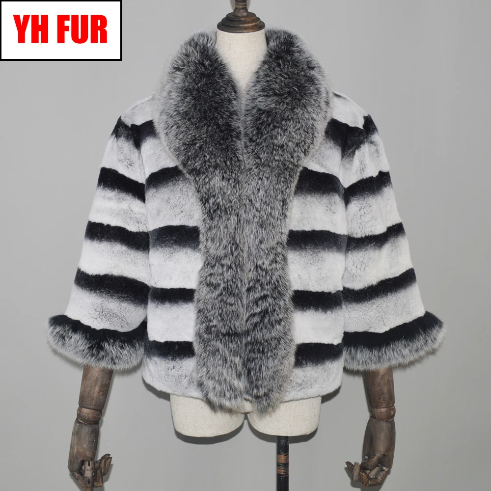 

Women Rex Rabbit Fur Coat Warm Soft Rex Rabbit Fur Jacket With Big Real Fox Fur Collar 100% Natural Real Rex Rabbit Fur Overcoat
